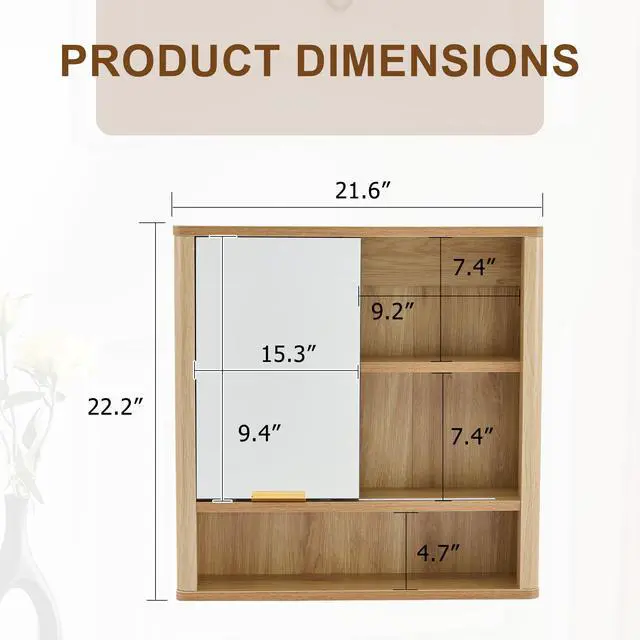 Alt view image 7 of 7 - Natural Wood Finish Wall Mounted Mirror Cabinet, MDF Bathroom Storage Organizer with Open Shelves & Single Door for Bathroom, Vanity, Laundry Room