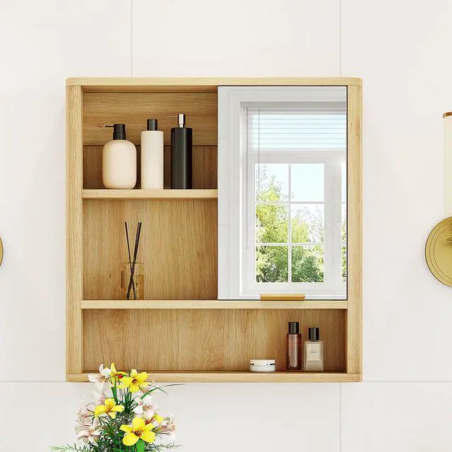 Alt view image 2 of 7 - Natural Wood Finish Wall Mounted Mirror Cabinet, MDF Bathroom Storage Organizer with Open Shelves & Single Door for Bathroom, Vanity, Laundry Room