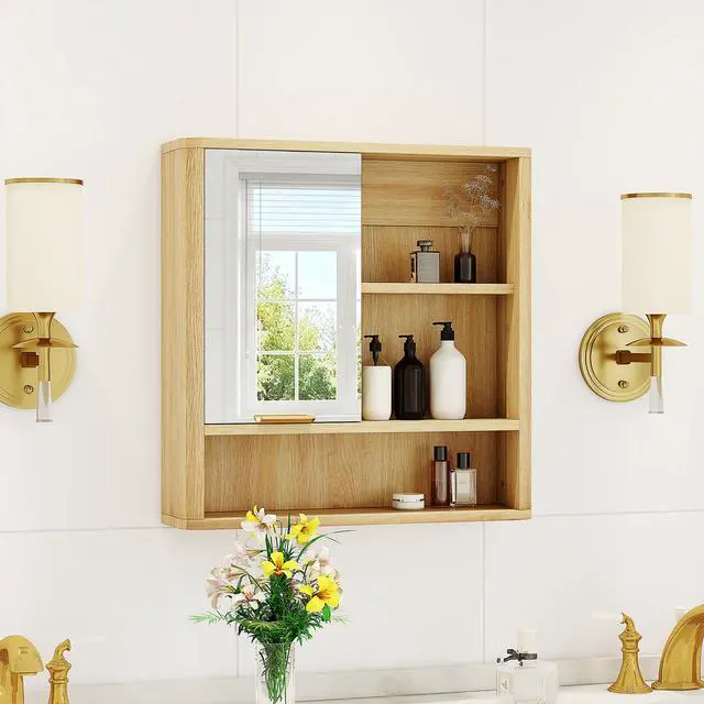 Alt view image 3 of 7 - Natural Wood Finish Wall Mounted Mirror Cabinet, MDF Bathroom Storage Organizer with Open Shelves & Single Door for Bathroom, Vanity, Laundry Room