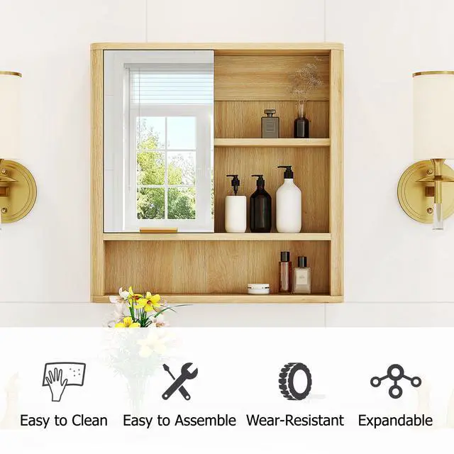 Alt view image 6 of 7 - Natural Wood Finish Wall Mounted Mirror Cabinet, MDF Bathroom Storage Organizer with Open Shelves & Single Door for Bathroom, Vanity, Laundry Room