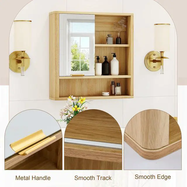 Alt view image 4 of 7 - Natural Wood Finish Wall Mounted Mirror Cabinet, MDF Bathroom Storage Organizer with Open Shelves & Single Door for Bathroom, Vanity, Laundry Room