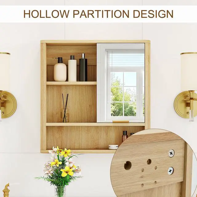 Alt view image 5 of 7 - Natural Wood Finish Wall Mounted Mirror Cabinet, MDF Bathroom Storage Organizer with Open Shelves & Single Door for Bathroom, Vanity, Laundry Room