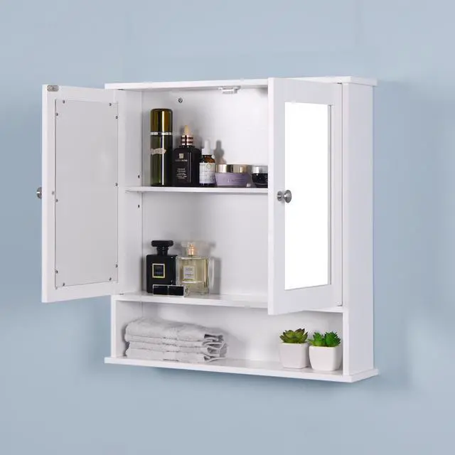 Alt view image 6 of 7 - White Wall Mounted Bathroom Cabinet with 2 Mirror Doors and Adjustable Shelf