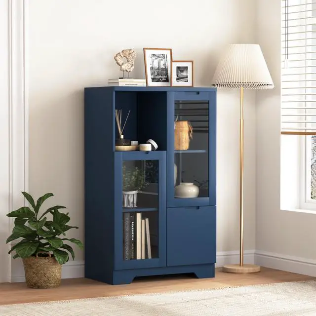 Alt view image 2 of 7 - MDF painted Cabinet with Glass Doors and drawer, open storage space, Navy Blue, Bedroom, Living room