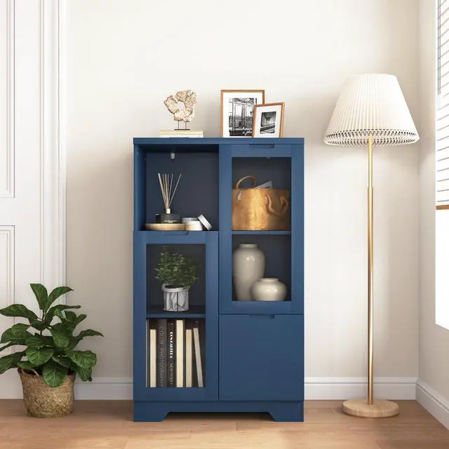 Alt view image 4 of 7 - MDF painted Cabinet with Glass Doors and drawer, open storage space, Navy Blue, Bedroom, Living room