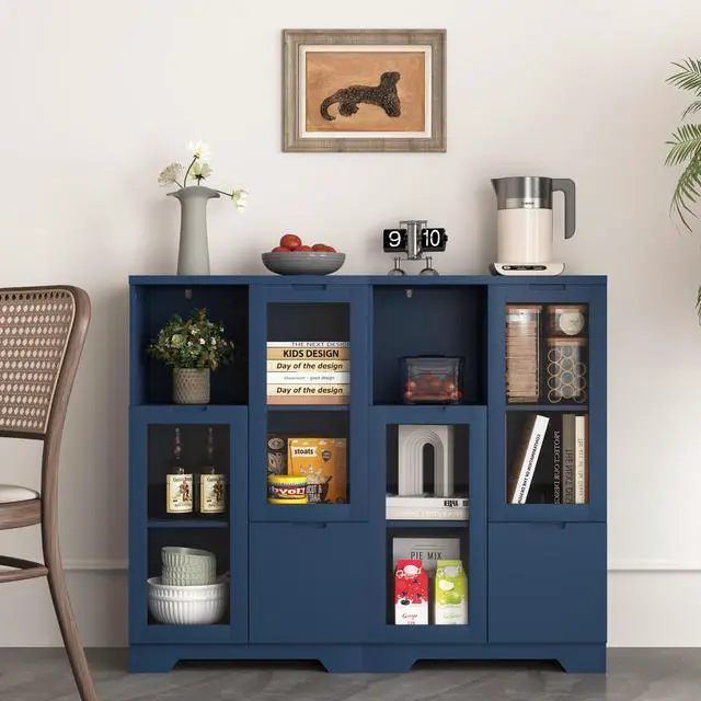 Alt view image 6 of 7 - MDF painted Cabinet with Glass Doors and drawer, open storage space, Navy Blue, Bedroom, Living room