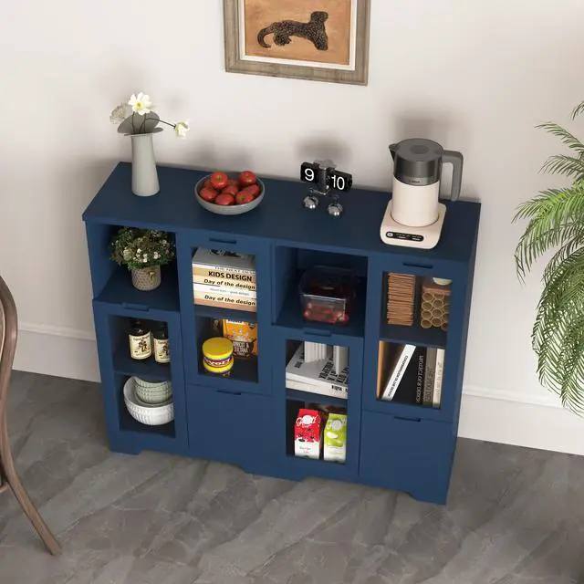 Alt view image 7 of 7 - MDF painted Cabinet with Glass Doors and drawer, open storage space, Navy Blue, Bedroom, Living room