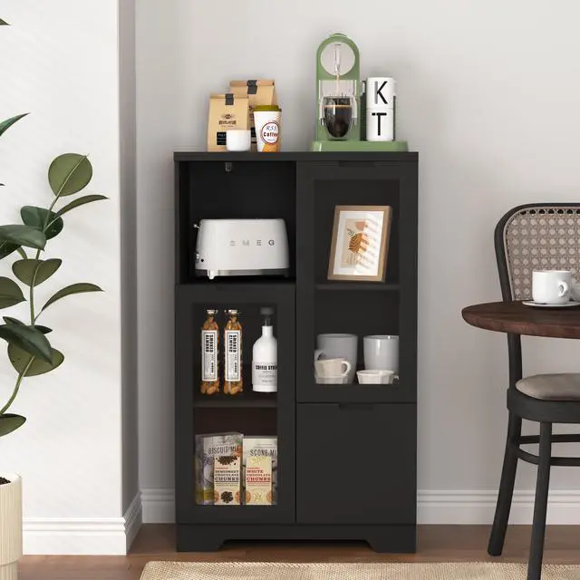 Alt view image 2 of 7 - MDF painted Cabinet with Glass Doors and drawer, open storage space, Black ,Bedroom, Living room