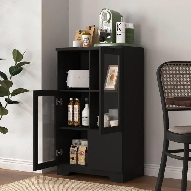 Alt view image 5 of 7 - MDF painted Cabinet with Glass Doors and drawer, open storage space, Black ,Bedroom, Living room