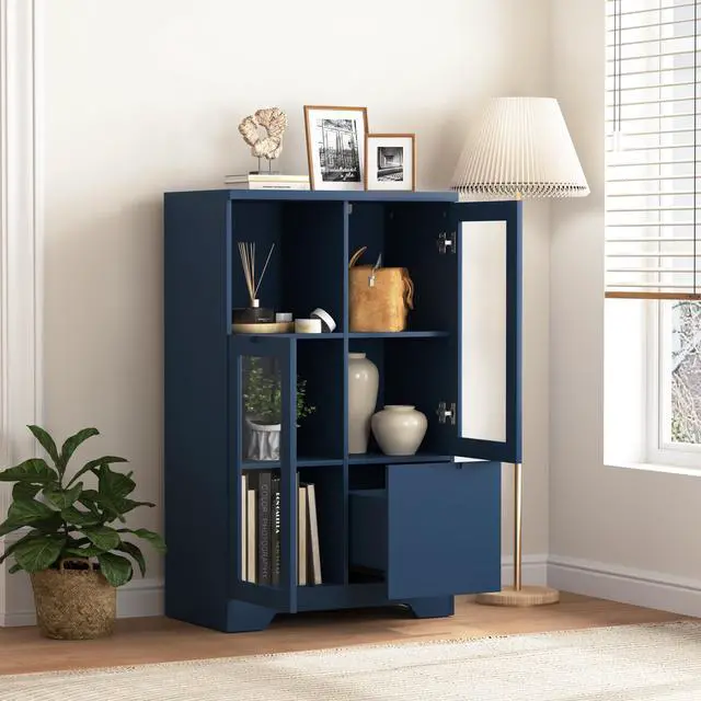 Alt view image 5 of 7 - MDF painted Cabinet with Glass Doors and drawer, open storage space, Navy Blue, Bedroom, Living room