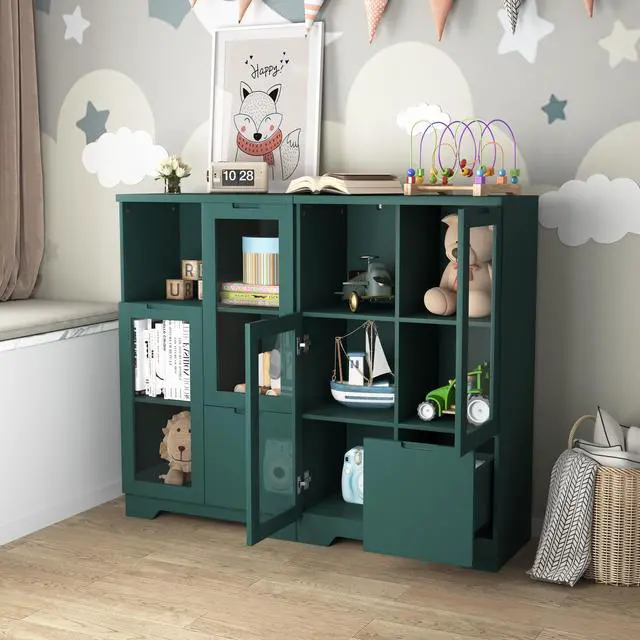 Alt view image 7 of 7 - MDF painted Cabinet with Glass Doors and drawer, open storage space, Green ,Bedroom, Living room