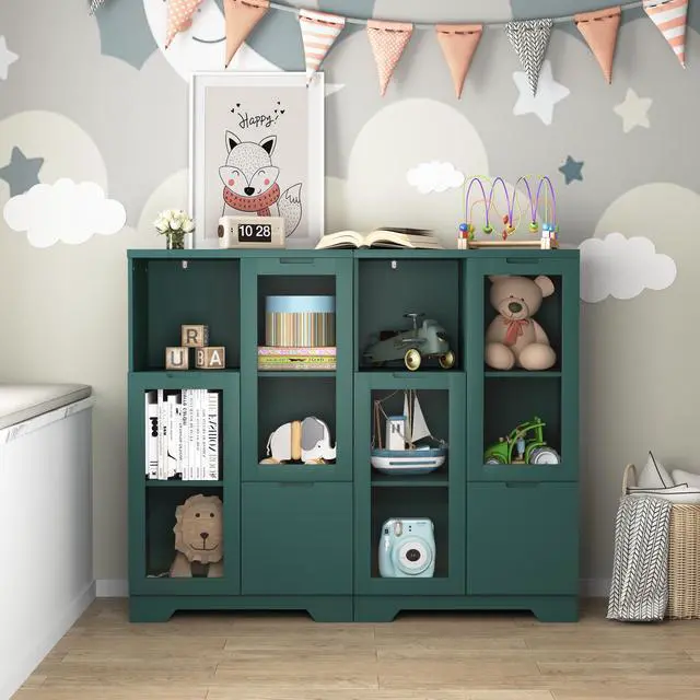 Alt view image 6 of 7 - MDF painted Cabinet with Glass Doors and drawer, open storage space, Green ,Bedroom, Living room