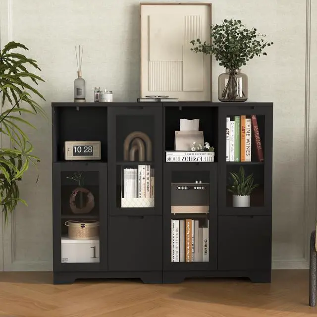 Alt view image 6 of 7 - MDF painted Cabinet with Glass Doors and drawer, open storage space, Black ,Bedroom, Living room