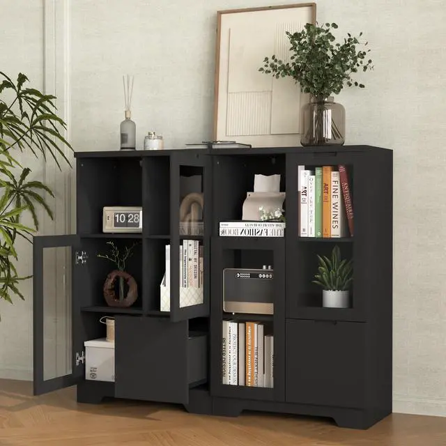 Alt view image 7 of 7 - MDF painted Cabinet with Glass Doors and drawer, open storage space, Black ,Bedroom, Living room