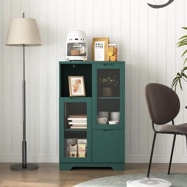 Alt view image 4 of 7 - MDF painted Cabinet with Glass Doors and drawer, open storage space, Green ,Bedroom, Living room