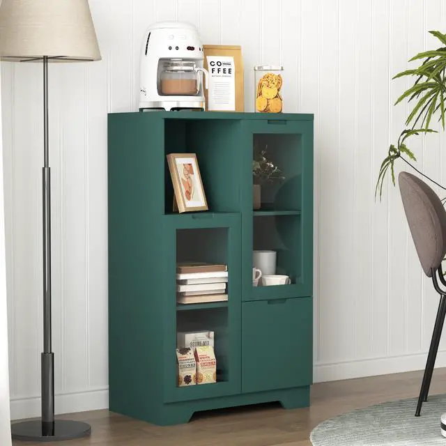 Alt view image 2 of 7 - MDF painted Cabinet with Glass Doors and drawer, open storage space, Green ,Bedroom, Living room