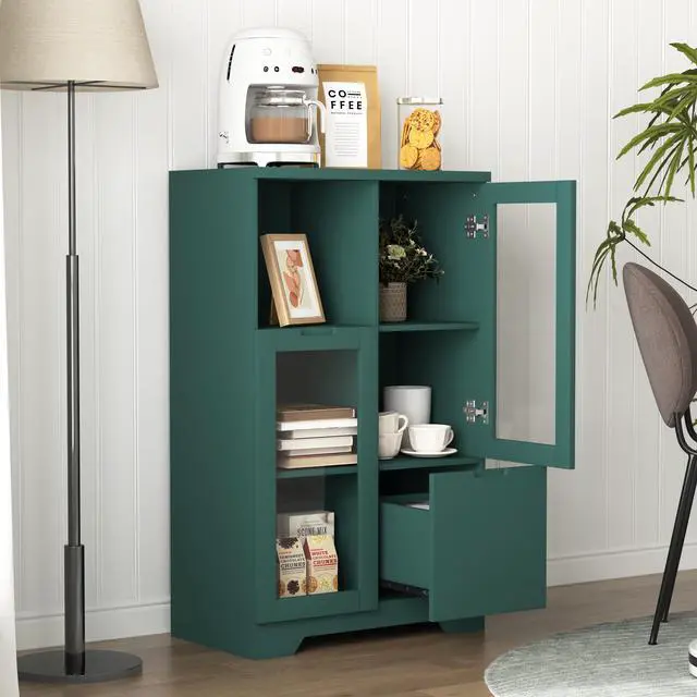 Alt view image 5 of 7 - MDF painted Cabinet with Glass Doors and drawer, open storage space, Green ,Bedroom, Living room