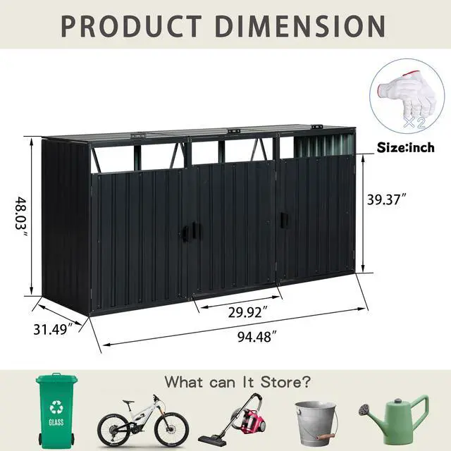 Alt view image 3 of 7 - Garbage Bin Shed Stores 3 Trash Cans Metal Outdoor Bin Shed for Garbage Storage,Stainless Galvanized Steel, Bin Shed for Garden Yard Lawn W540S00009
