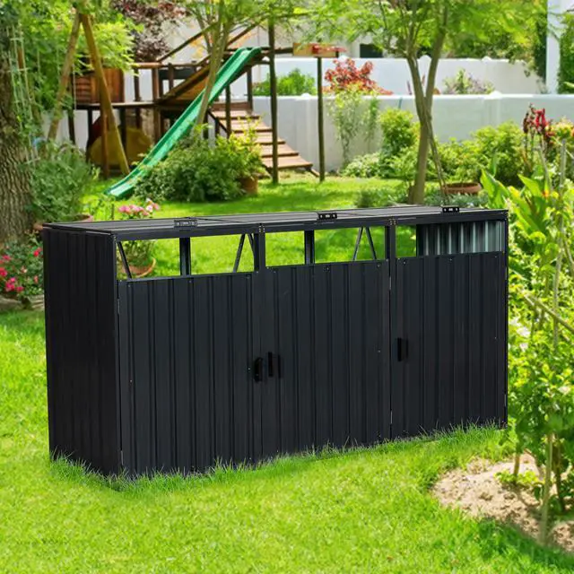 Alt view image 2 of 7 - Garbage Bin Shed Stores 3 Trash Cans Metal Outdoor Bin Shed for Garbage Storage,Stainless Galvanized Steel, Bin Shed for Garden Yard Lawn W540S00009