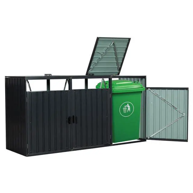 Alt view image 7 of 7 - Garbage Bin Shed Stores 3 Trash Cans Metal Outdoor Bin Shed for Garbage Storage,Stainless Galvanized Steel, Bin Shed for Garden Yard Lawn W540S00009