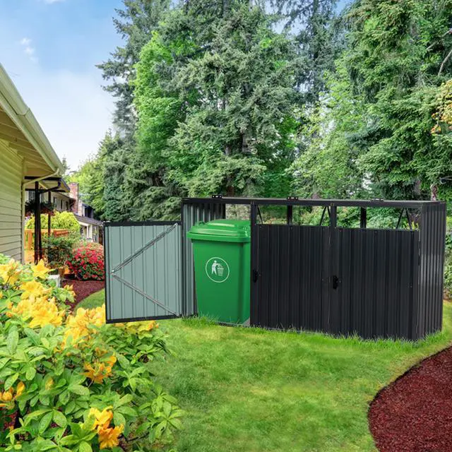 Alt view image 4 of 7 - Garbage Bin Shed Stores 3 Trash Cans Metal Outdoor Bin Shed for Garbage Storage,Stainless Galvanized Steel, Bin Shed for Garden Yard Lawn W540S00009