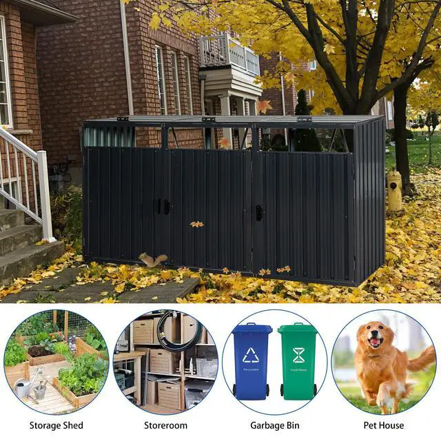 Alt view image 5 of 7 - Garbage Bin Shed Stores 3 Trash Cans Metal Outdoor Bin Shed for Garbage Storage,Stainless Galvanized Steel, Bin Shed for Garden Yard Lawn W540S00009