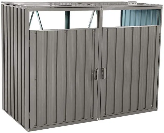 Main image of Garbage Bin Shed Stores 2 Trash Cans Metal Outdoor Bin Shed for Garbage Storage,Stainless Galvanized Steel, Bin Shed for Garden Yard Lawn,Grey