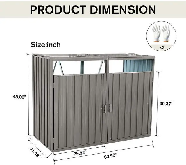 Alt view image 3 of 7 - Garbage Bin Shed Stores 2 Trash Cans Metal Outdoor Bin Shed for Garbage Storage,Stainless Galvanized Steel, Bin Shed for Garden Yard Lawn,Grey