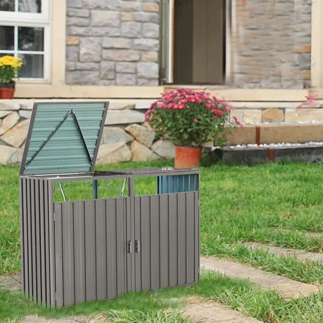 Alt view image 4 of 7 - Garbage Bin Shed Stores 2 Trash Cans Metal Outdoor Bin Shed for Garbage Storage,Stainless Galvanized Steel, Bin Shed for Garden Yard Lawn,Grey
