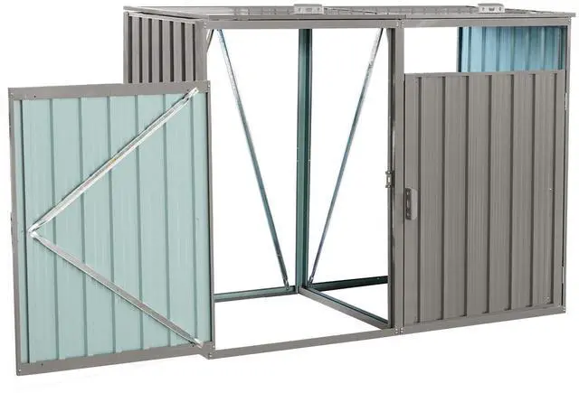 Alt view image 7 of 7 - Garbage Bin Shed Stores 2 Trash Cans Metal Outdoor Bin Shed for Garbage Storage,Stainless Galvanized Steel, Bin Shed for Garden Yard Lawn,Grey