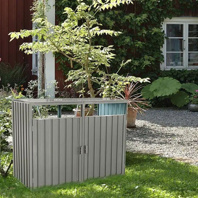 Alt view image 2 of 7 - Garbage Bin Shed Stores 2 Trash Cans Metal Outdoor Bin Shed for Garbage Storage,Stainless Galvanized Steel, Bin Shed for Garden Yard Lawn,Grey