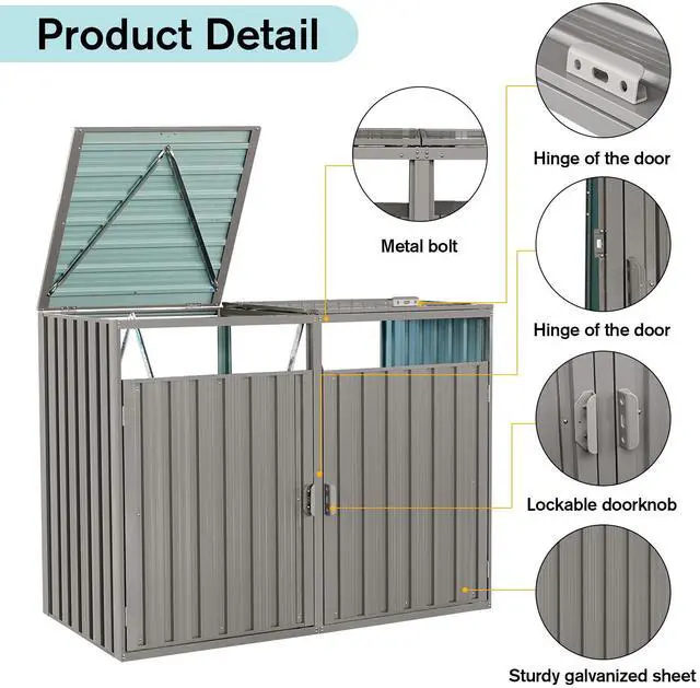 Alt view image 5 of 7 - Garbage Bin Shed Stores 2 Trash Cans Metal Outdoor Bin Shed for Garbage Storage,Stainless Galvanized Steel, Bin Shed for Garden Yard Lawn,Grey
