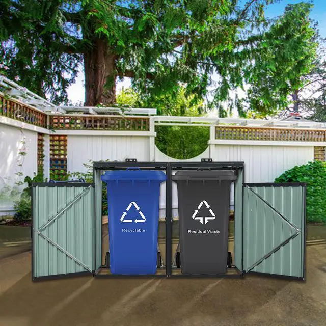 Alt view image 4 of 7 - Garbage Bin Shed Stores 2 Trash Cans Metal Outdoor Bin Shed for Garbage Storage,Stainless Galvanized Steel, Bin Shed for Garden Yard Lawn