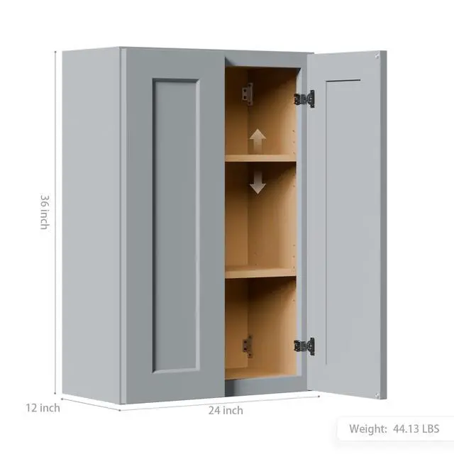 Alt view image 3 of 7 - Gray Shaker Solid Wood Wall Cabinet with Soft-Close Doors, Adjustable Shelves - 24" Double Door Storage for Kitchen, Bathroom, Laundry, Garage (Easy Assembly, 24"W x 12"D x 36"H)