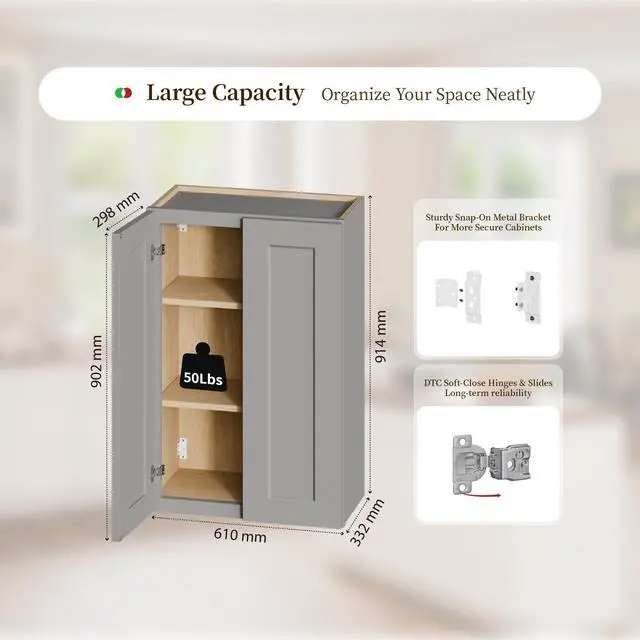 Alt view image 4 of 7 - Gray Shaker Solid Wood Wall Cabinet with Soft-Close Doors, Adjustable Shelves - 24" Double Door Storage for Kitchen, Bathroom, Laundry, Garage (Easy Assembly, 24"W x 12"D x 36"H)