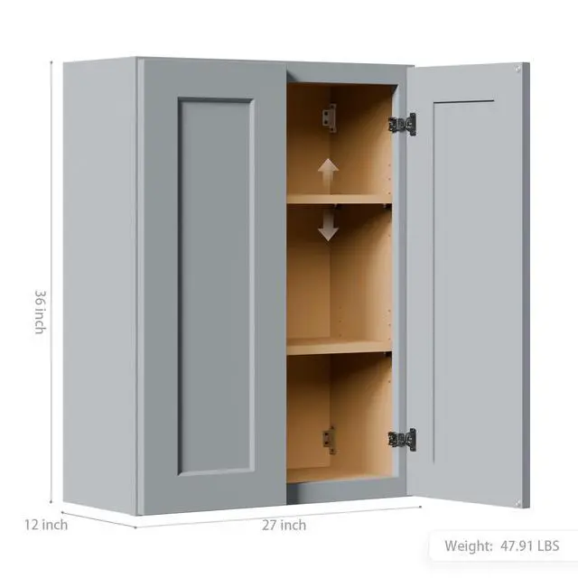 Alt view image 3 of 7 - Gray Shaker Solid Wood Wall Cabinet with Soft-Close Doors, Adjustable Shelves - 27" Double Door Storage for Kitchen, Bathroom, Laundry, Garage (Easy Assembly, 27"W x 12"D x 36"H)