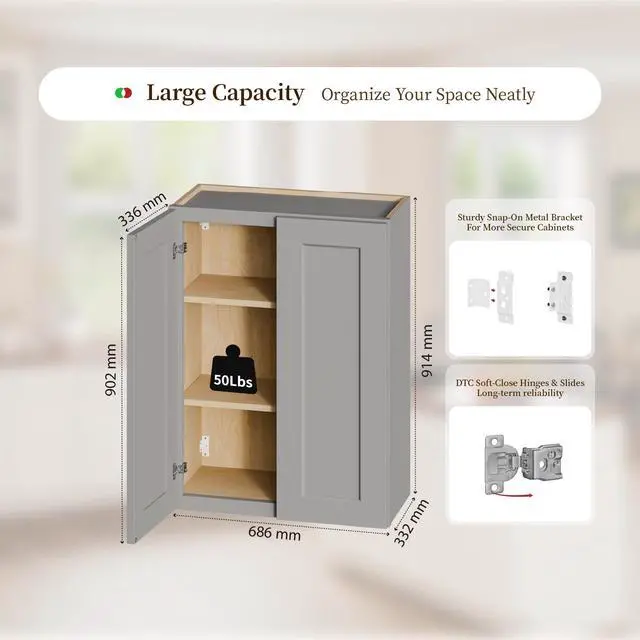 Alt view image 6 of 7 - Gray Shaker Solid Wood Wall Cabinet with Soft-Close Doors, Adjustable Shelves - 27" Double Door Storage for Kitchen, Bathroom, Laundry, Garage (Easy Assembly, 27"W x 12"D x 36"H)