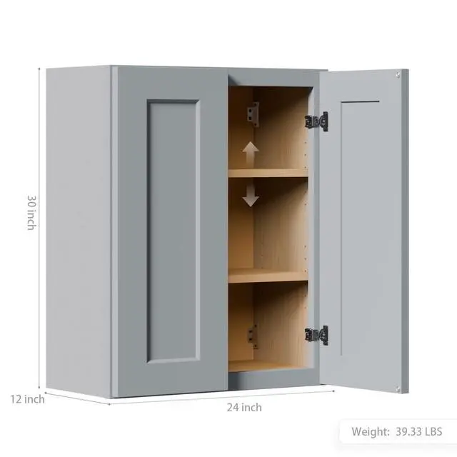 Alt view image 3 of 7 - Gray Shaker Solid Wood Wall Cabinet with Soft-Close Doors, Adjustable Shelves - 24" Double Door Storage for Kitchen, Bathroom, Laundry, Garage (Easy Assembly, 24"W x 12"D x 30"H)