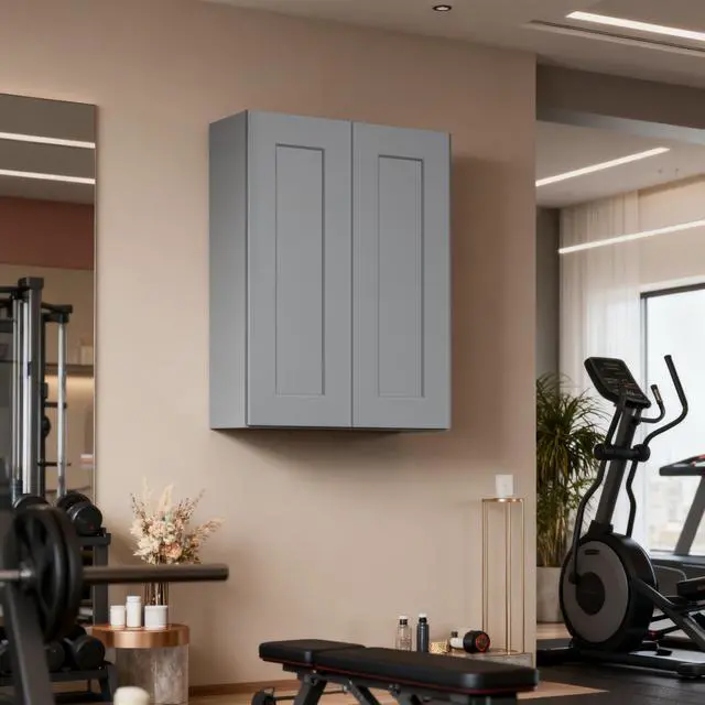 Alt view image 2 of 7 - Gray Shaker Solid Wood Wall Cabinet with Soft-Close Doors, Adjustable Shelves - 24" Double Door Storage for Kitchen, Bathroom, Laundry, Garage (Easy Assembly, 24"W x 12"D x 30"H)