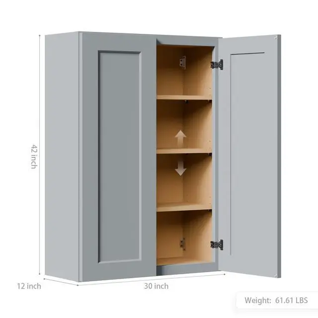 Alt view image 3 of 7 - Gray Shaker Solid Wood Wall Cabinet with Soft-Close Doors, Adjustable Shelves - 30" Double Door Storage for Kitchen, Bathroom, Laundry, Garage (Easy Assembly, 30"W x 12"D x 42"H)