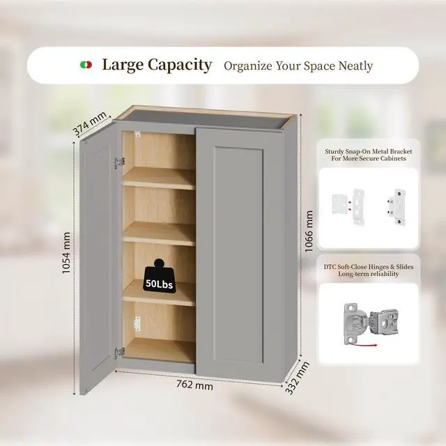 Alt view image 5 of 7 - Gray Shaker Solid Wood Wall Cabinet with Soft-Close Doors, Adjustable Shelves - 30" Double Door Storage for Kitchen, Bathroom, Laundry, Garage (Easy Assembly, 30"W x 12"D x 42"H)