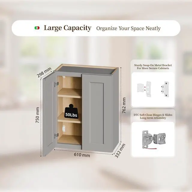 Alt view image 4 of 7 - Gray Shaker Solid Wood Wall Cabinet with Soft-Close Doors, Adjustable Shelves - 24" Double Door Storage for Kitchen, Bathroom, Laundry, Garage (Easy Assembly, 24"W x 12"D x 30"H)