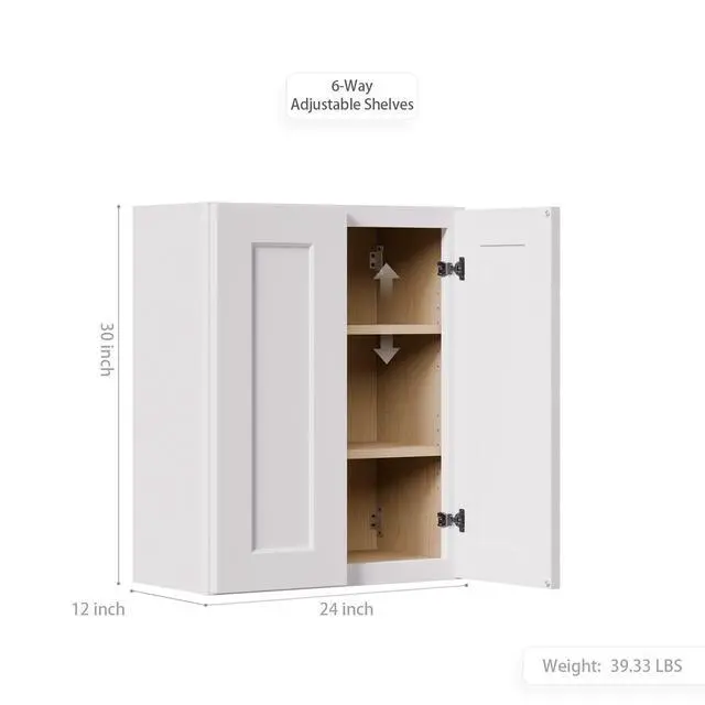 Alt view image 3 of 5 - White Shaker Solid Wood Wall Cabinet with Soft-Close Doors, Adjustable Shelves - 24" Double Door Storage for Kitchen, Bathroom, Laundry, Garage (Easy Assembly, 24"W x 12"D x 30"H)