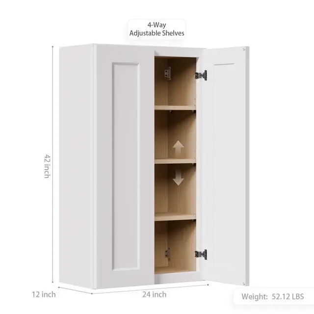 Alt view image 3 of 5 - White Shaker Solid Wood Wall Cabinet with Soft-Close Doors, Adjustable Shelves - 24" Double Door Storage for Kitchen, Bathroom, Laundry, Garage (Easy Assembly, 24"W x 12"D x 42"H)