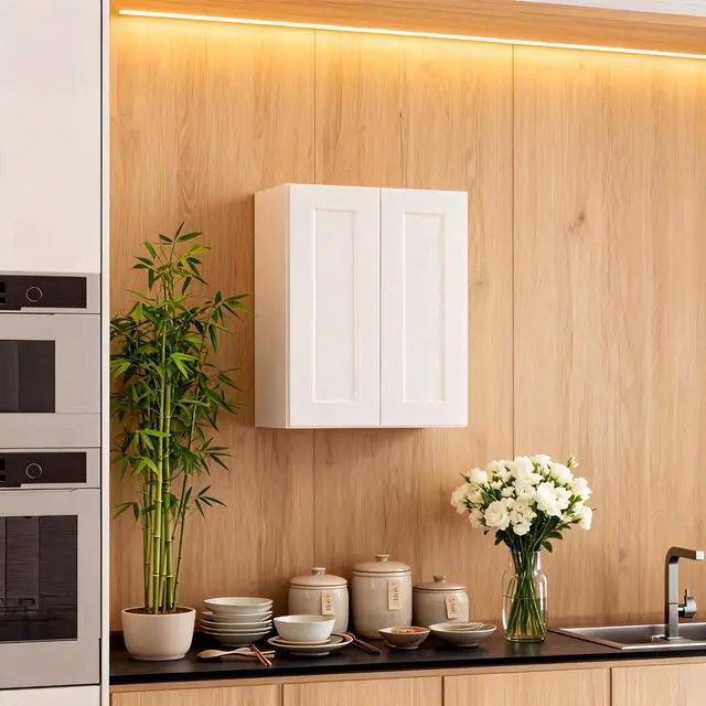 Alt view image 2 of 5 - White Shaker Solid Wood Wall Cabinet with Soft-Close Doors, Adjustable Shelves - 24" Double Door Storage for Kitchen, Bathroom, Laundry, Garage (Easy Assembly, 24"W x 12"D x 30"H)