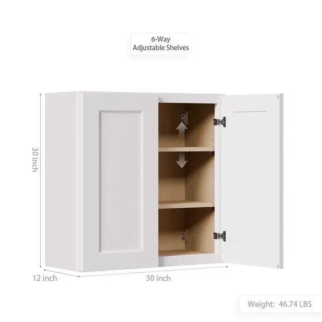Alt view image 3 of 7 - White Shaker Solid Wood Wall Cabinet with Soft-Close Doors, Adjustable Shelves - 30" Double Door Storage for Kitchen, Bathroom, Laundry, Garage (Easy Assembly, 30"W x 12"D x 30"H)