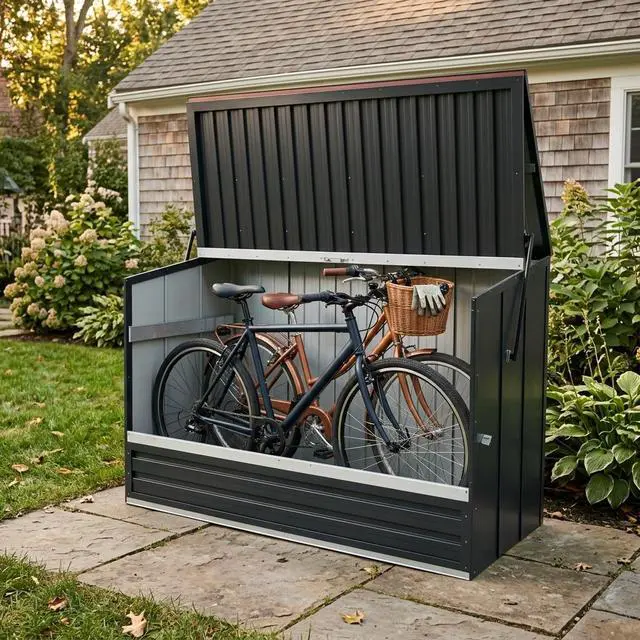 Alt view image 4 of 4 - Outdoor Galvanized Steel Storage Shed with Flip Top & Foldable Front Door, Large Capacity Metal Tool Cabinet for Indoor & Backyard Storage 594.39 US Gal 2.25m³