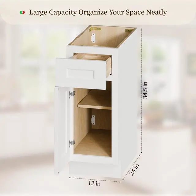 Alt view image 3 of 6 - 12" White Shaker Base Cabinet with Soft-Close Door,Drawer,Space-Saving Solid Wood Unit with Adjustable Shelf for Kitchen, Bath, Laundry, Garage (12"W x 24"D x 34.5"H)