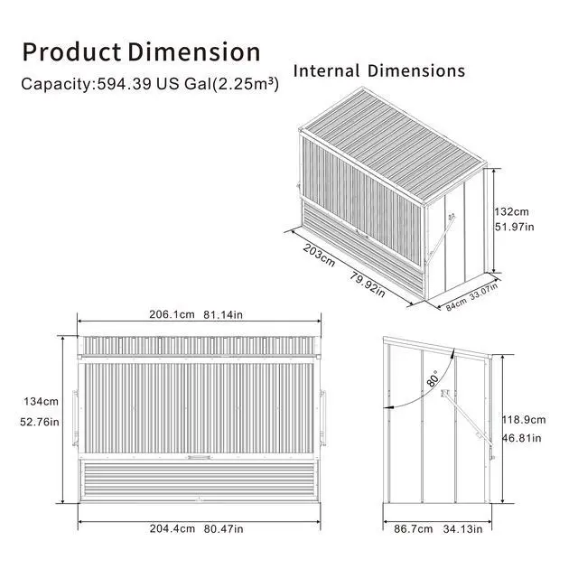 Alt view image 3 of 4 - Outdoor Galvanized Steel Storage Shed with Flip Top & Foldable Front Door, Large Capacity Metal Tool Cabinet for Indoor & Backyard Storage 594.39 US Gal 2.25m³
