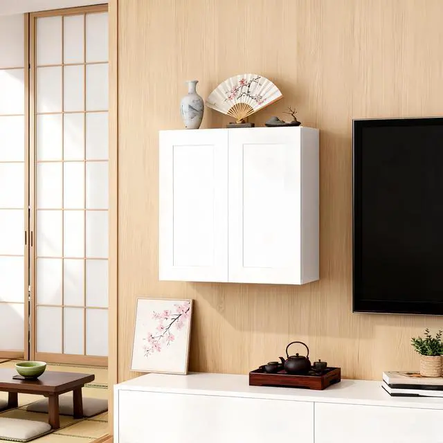 Alt view image 2 of 7 - White Shaker Solid Wood Wall Cabinet with Soft-Close Doors, Adjustable Shelves - 30" Double Door Storage for Kitchen, Bathroom, Laundry, Garage (Easy Assembly, 30"W x 12"D x 30"H)